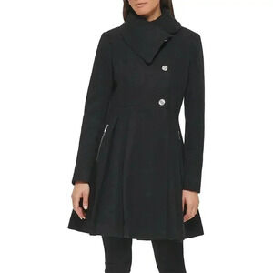 GUESS Pleated Wool Blend Flare Coat Peacoat Jacket Matrix Minimalist Preppy